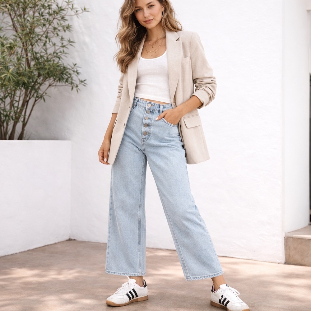 GRLFRND Coco Jeans 27 High Rise Button Fly Wide Leg Crop